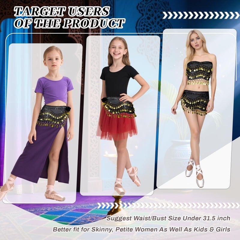 Baisdan Belly Dance Hip Scarf 2 Piece  Belly Dance Skirt and Top Set  Dancing Coin Skirts for Women  Halloween Costume  2Pack  Black - Image 5